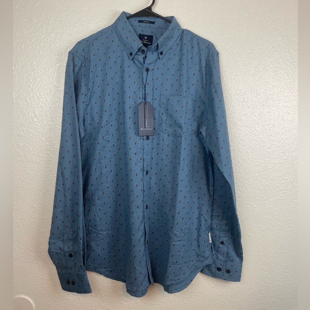 Ben Sherman Mens Medium Long Sleeve Button Down Shirt Majestic Blue Printed